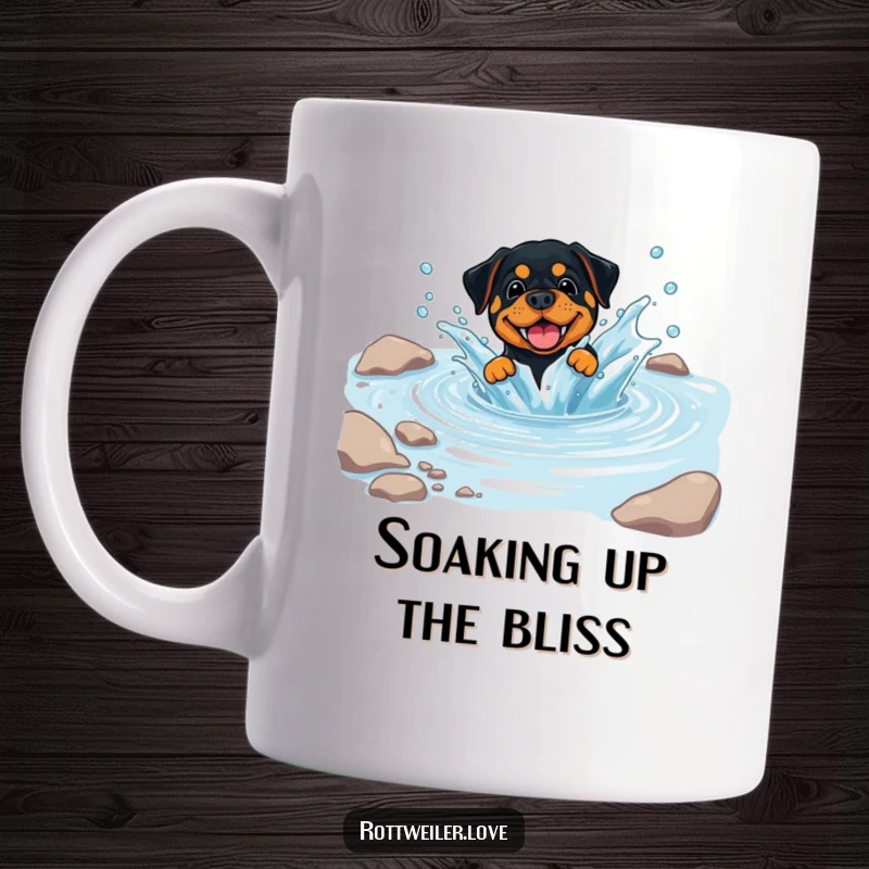 Funny Rottweiler Mug featuring a dog playfully splashing in a clear, cool stream, embodying pure canine water-loving joy.