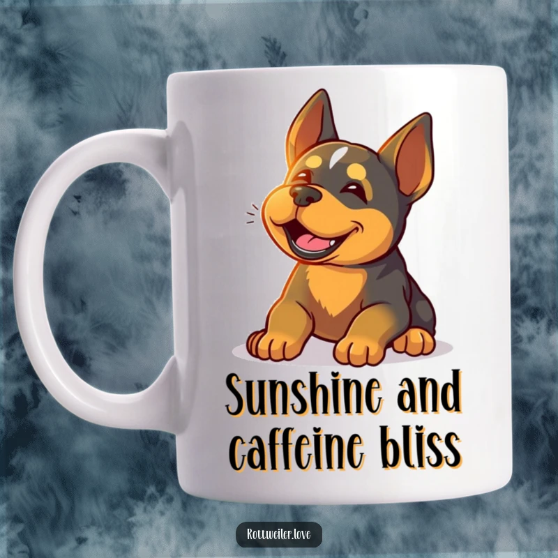Funny Rottweiler mug showing a dog with a happy sigh, basking contentedly in warm sunlight, embodying pure relaxation.