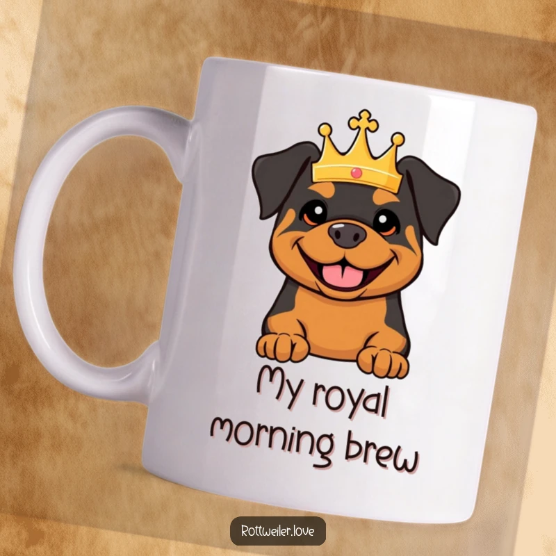 Funny mug featuring a Rottweiler wearing a tiny crown and smiling broadly, exuding canine charm and royal humor.
