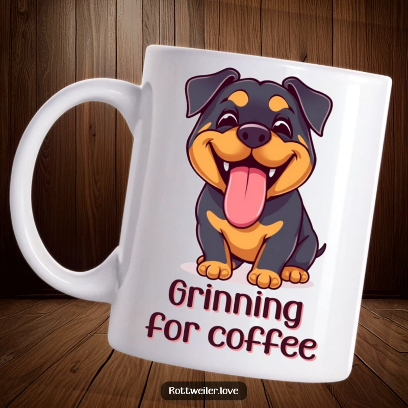 Funny Kawaii Rottweiler Mug featuring a joyful dog with a huge grin and its tongue lolling out, radiating pure, unadulterated happiness.