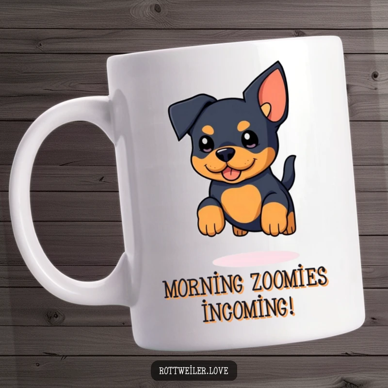 Funny Kawaii Rottweiler Mug featuring an adorable rottweiler with giant ears joyfully jumping with a furiously wagging tail.