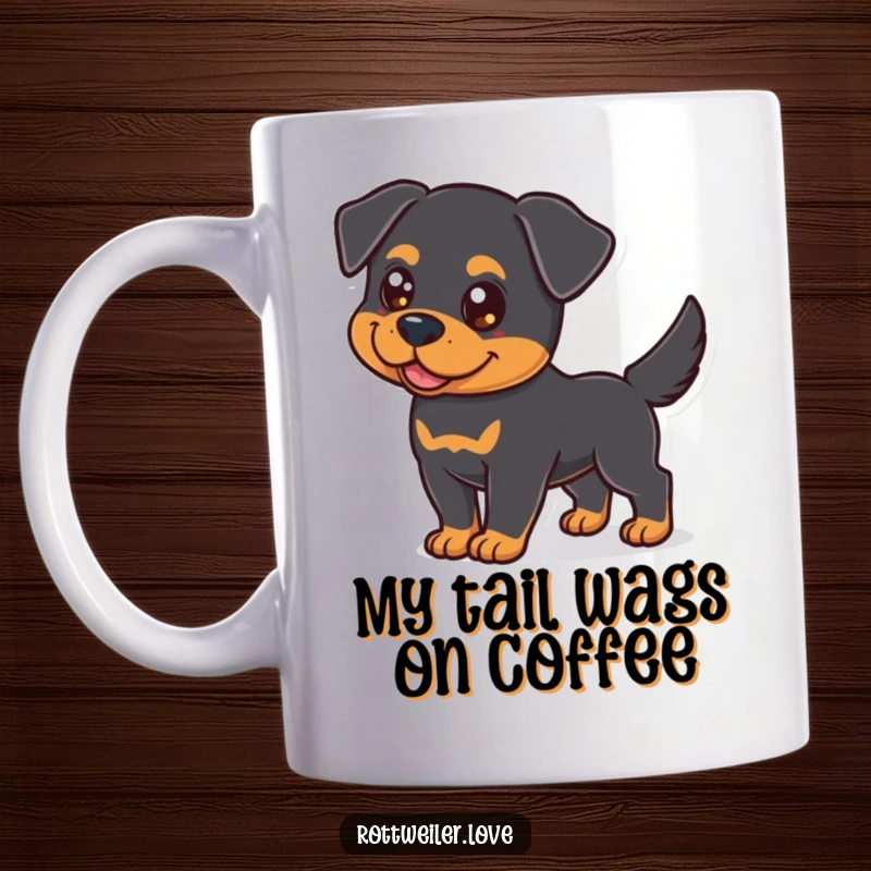 Funny Rottweiler Mug showing a happy dog with bright eyes wagging its tail, bringing joy.