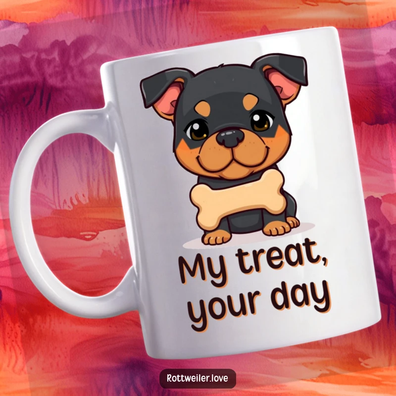 Funny, shy Rottweiler dog hesitantly offers a juicy bone, showing sweet canine humor on this mug.