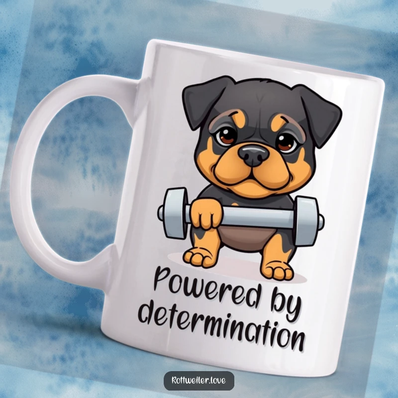 Funny mug featuring a determined Rottweiler lifting a small dumbbell, symbolizing strength, focus, and humorous fitness motivation.