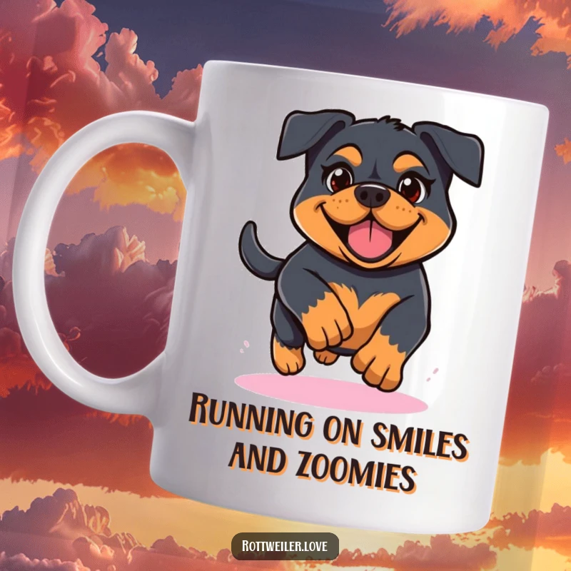 Funny Kawaii Rottweiler mug showing a determined but cheerful dog mid-run, radiating speed and happy energy, a great gift.