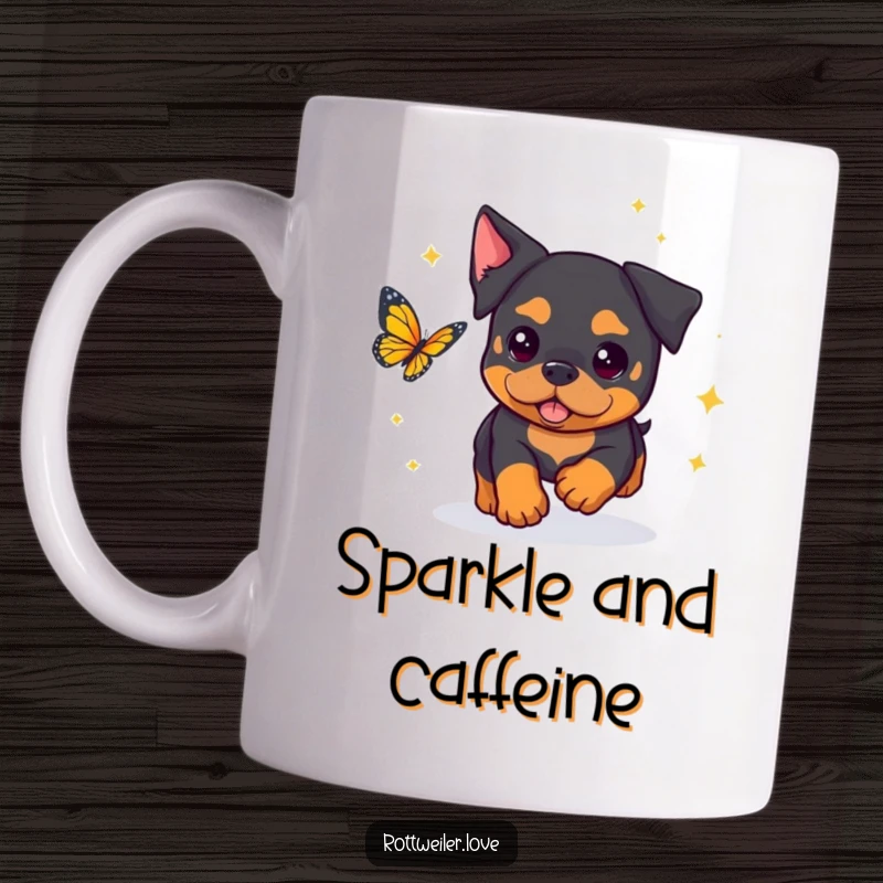 Funny Kawaii Rottweiler Mug featuring an adorable rottweiler surrounded by sparkles, playfully chasing a butterfly with joyful curiosity.