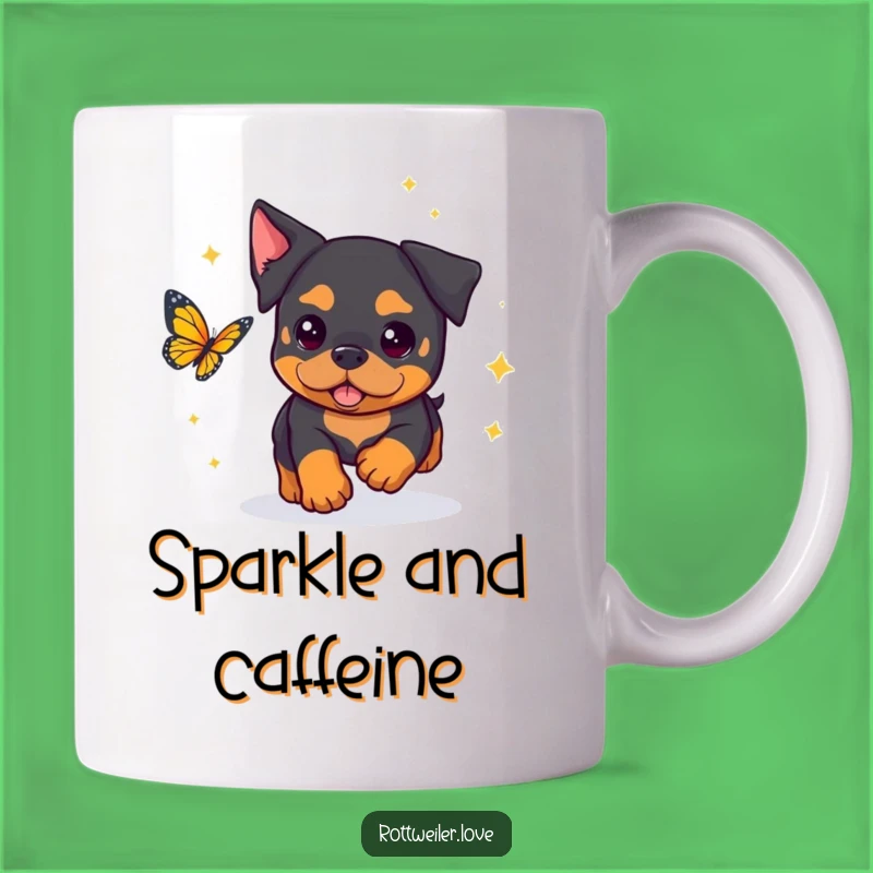 Funny Kawaii Rottweiler Mug: Sparkly Butterfly Chase - Whimsical Gift!