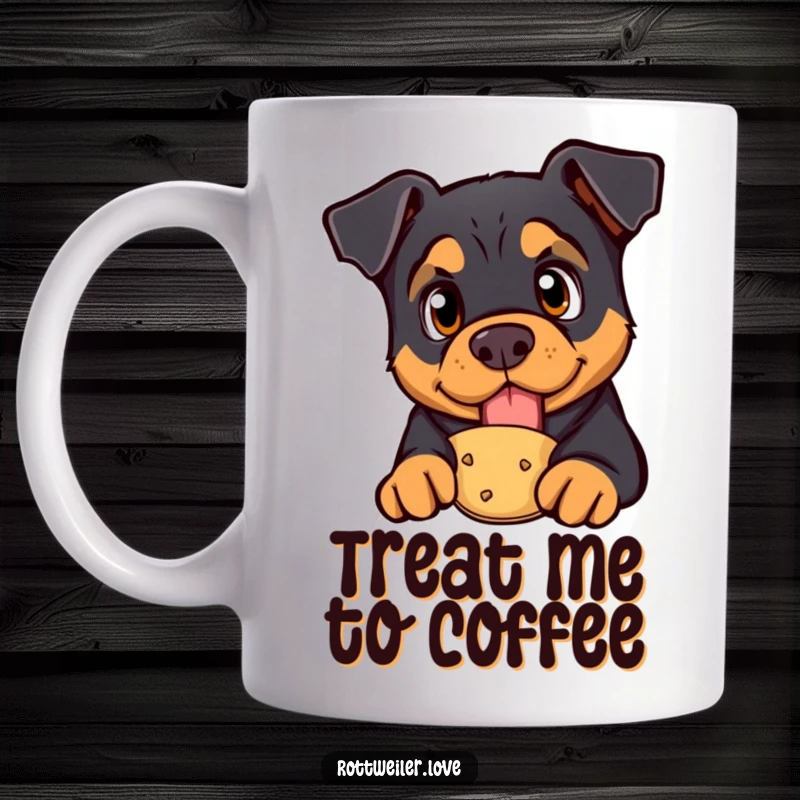 Funny rottweiler mug featuring a curious dog with bright eyes looking at a presented treat, capturing eager anticipation and humor.