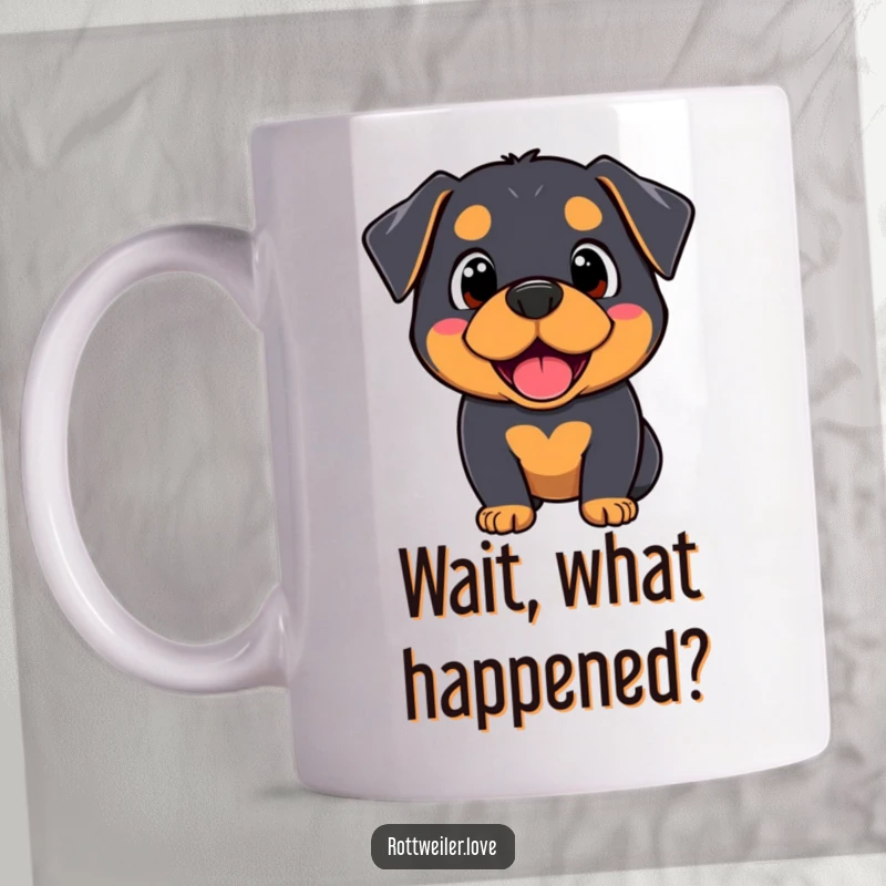 Funny Kawaii Rottweiler mug featuring a dog with wide, surprised eyes and a happy smile, conveying amusingly shocked delight.