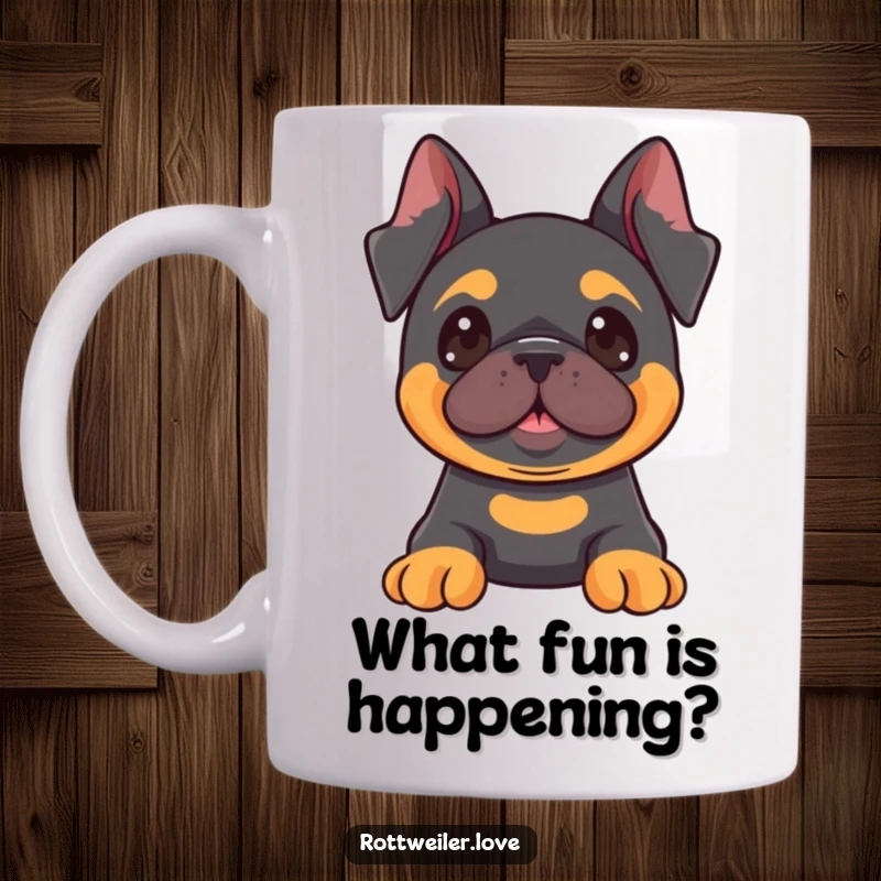 Funny Kawaii Rottweiler mug showing a dog with ears perked, looking with excitement at something fun, full of playful anticipation.