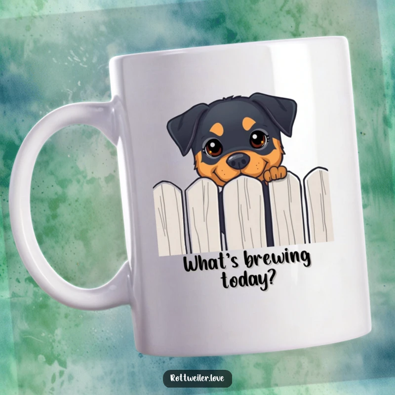 Funny Rottweiler mug featuring a dog peeking curiously over a fence with happy eyes, a delightful gift.