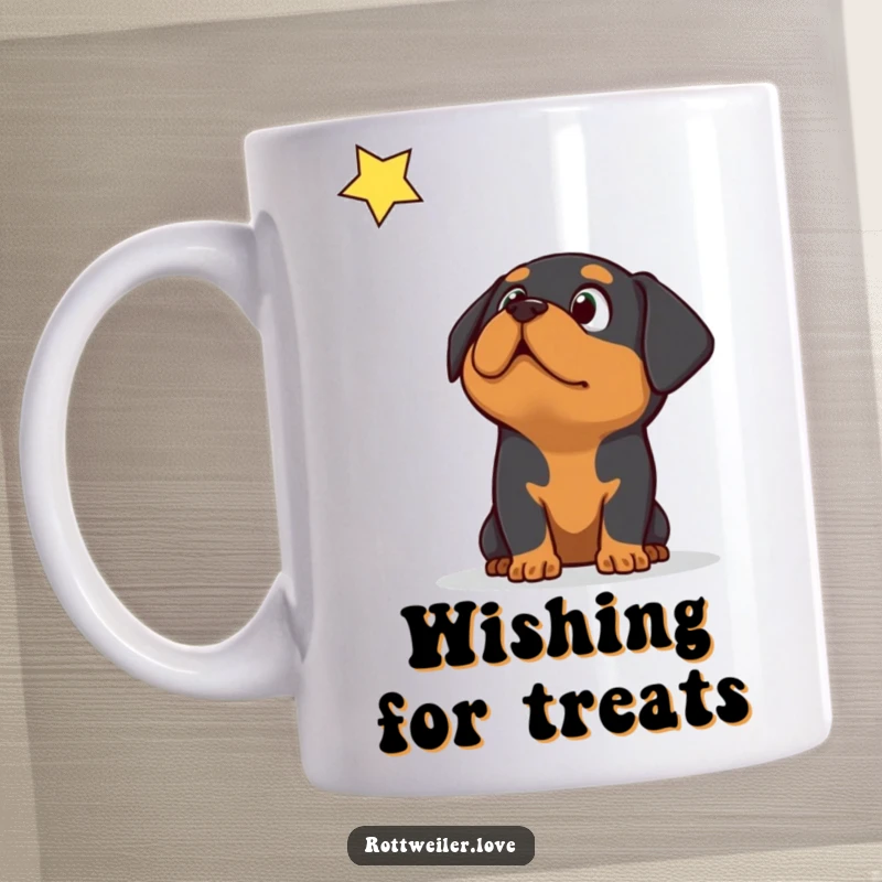 Funny surprised Rottweiler dog looking up with wide eyes at a shooting star, depicted on a mug.