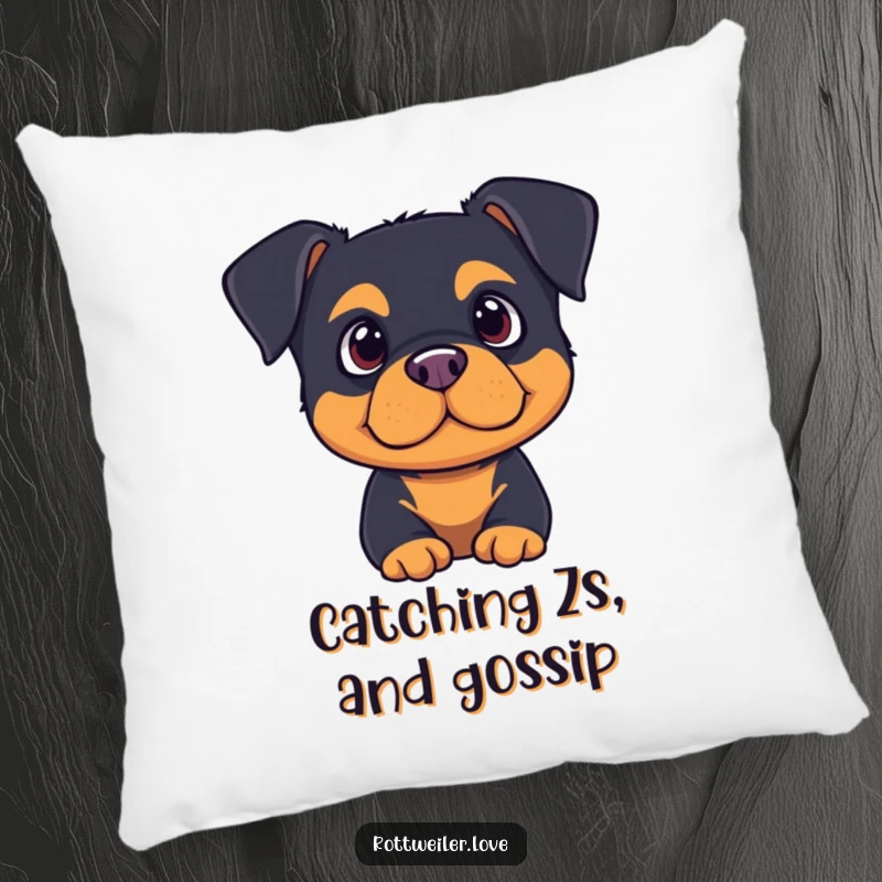 Cute rottweiler with ears perked, listening intently on a soft pillow, bringing attentive humor to your home.