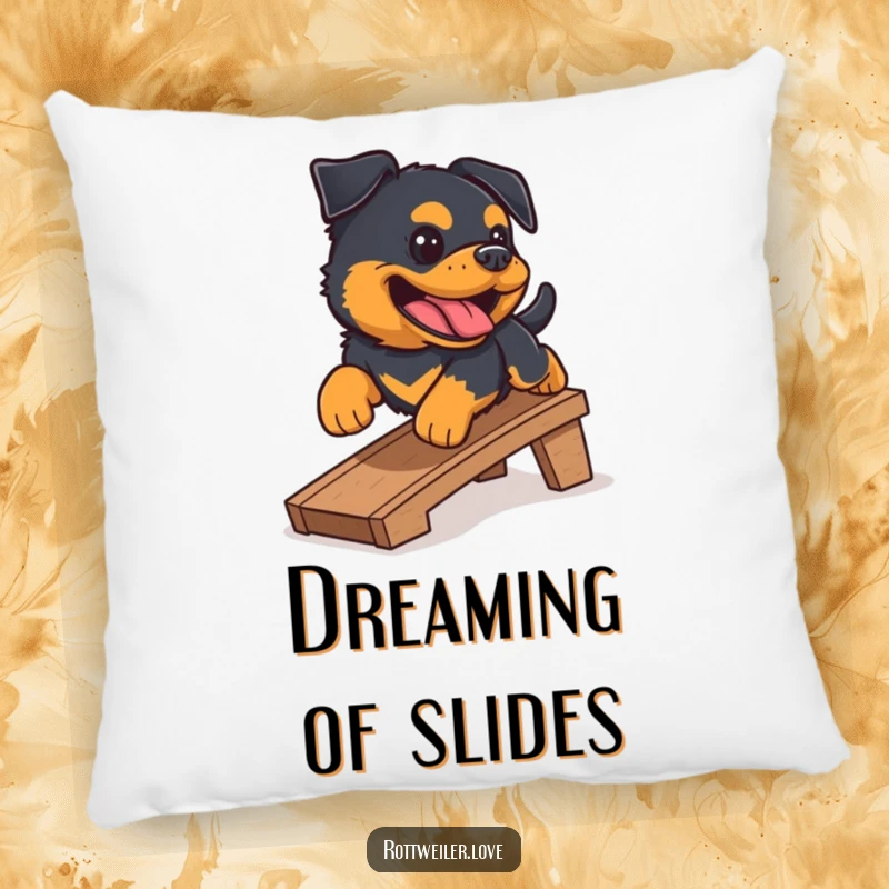 Funny Rottweiler pillow showing a happy Rottweiler sliding down a ramp with a gleeful bark. Soft and huggable cushion.