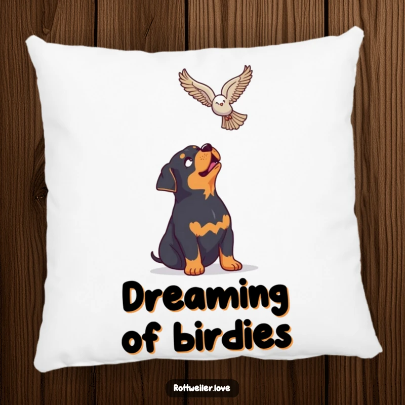 Funny Rottweiler Pillow featuring a dog looking up with enthusiasm at a soaring bird, designed for cozy moments of reflection.