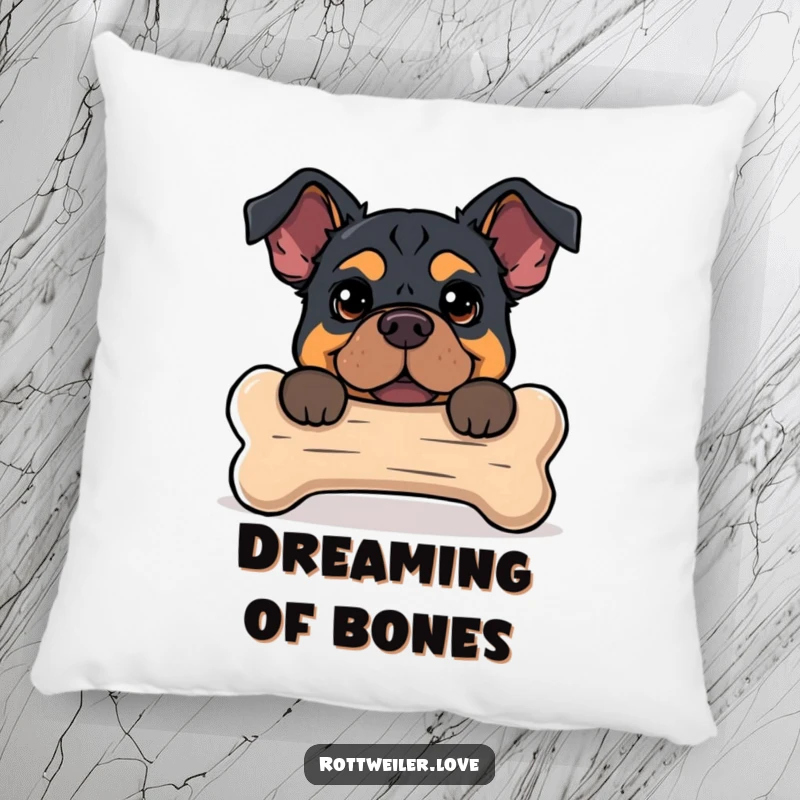 Funny pillow with a Rottweiler peeking from behind a large dog bone, offering comfortable and charming decorative appeal.