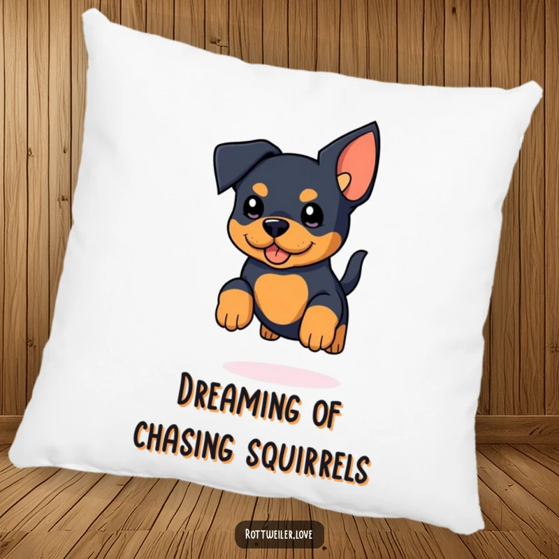 Funny Kawaii Rottweiler Pillow featuring a cute rottweiler with huge ears, captured in a joyful jump with its tail in full wag.