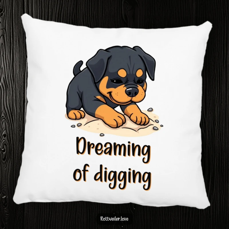 Funny Rottweiler pillow featuring a dog playfully digging in sand, offering plush comfort and a touch of lighthearted humor.