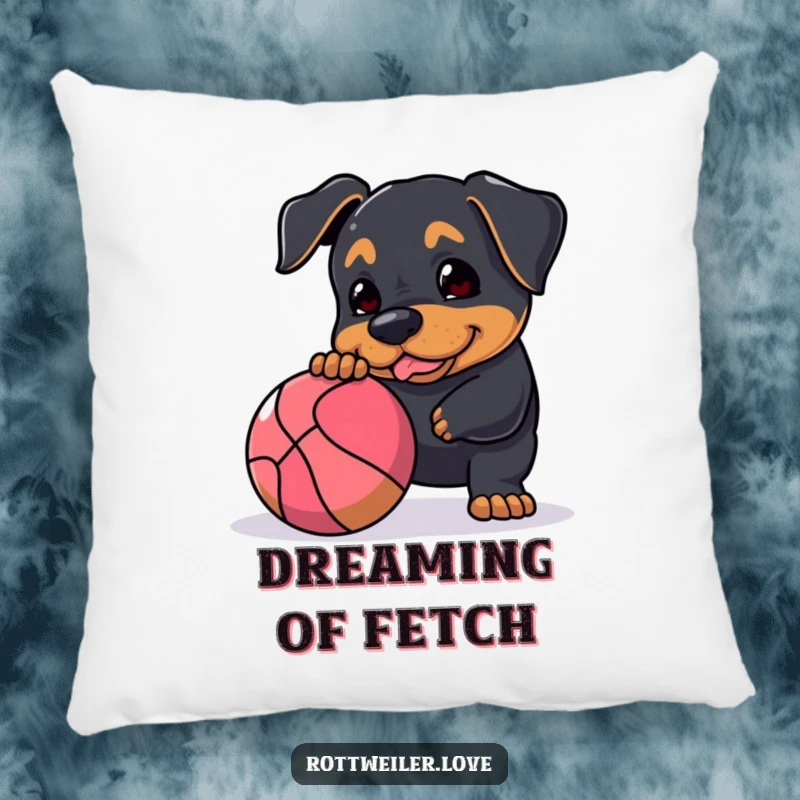 Funny Rottweiler pillow featuring a dog playfully nudging a large, bouncy ball, perfect for adding comfort and a humorous touch to any space.