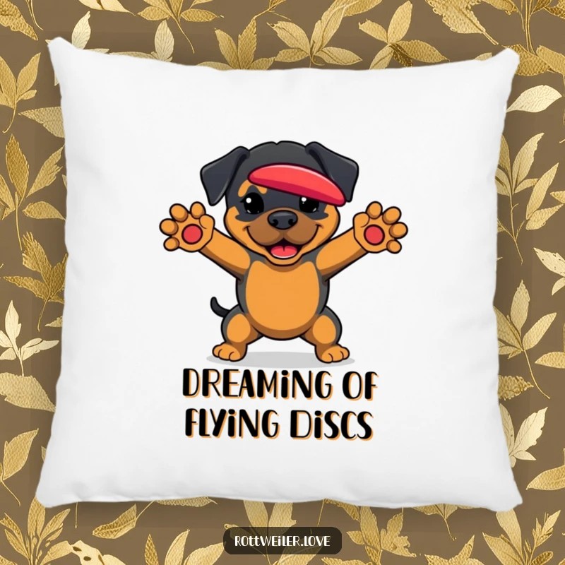 Funny Rottweiler Pillow with a dog paws outstretched, ready to catch a frisbee, bringing active humor to decor.