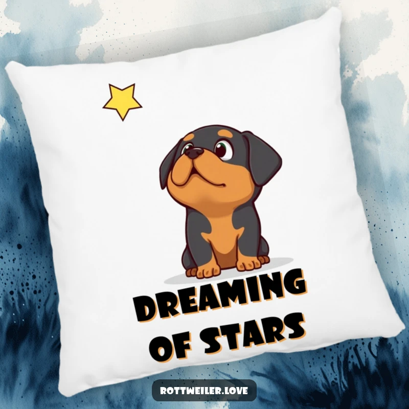 Funny Rottweiler dog looking up in astonishment at a falling star, designed as a soft and cozy decorative pillow.