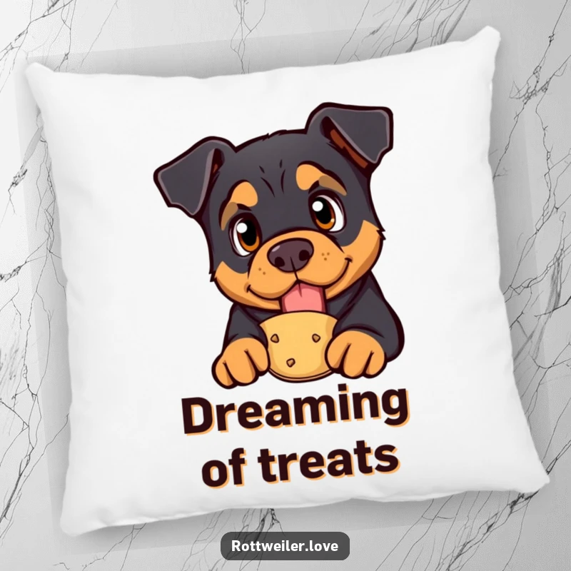 Funny rottweiler pillow with a curious dog with bright eyes looking at a treat, providing soft humor and eager anticipation.