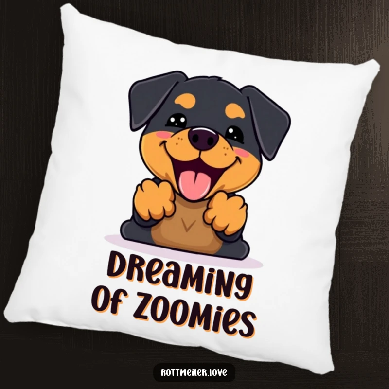 Funny Kawaii Rottweiler Pillow featuring an enthusiastic dog barking happily with front paws up, offering soft comfort and cheerful vibes.
