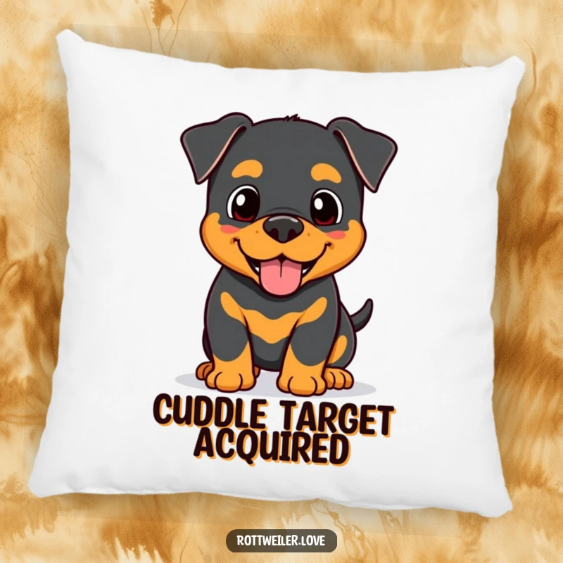 Funny Kawaii Rottweiler pillow showing a happy dog giving a gentle head nudge, perfect for adding comfort and warmth to any space.