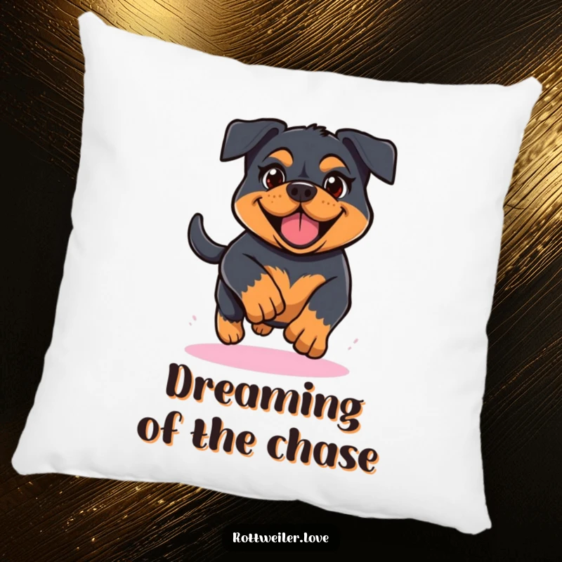 Funny Kawaii Rottweiler pillow depicting a dog running with determination and a cheerful expression, offering comfort and motivation.