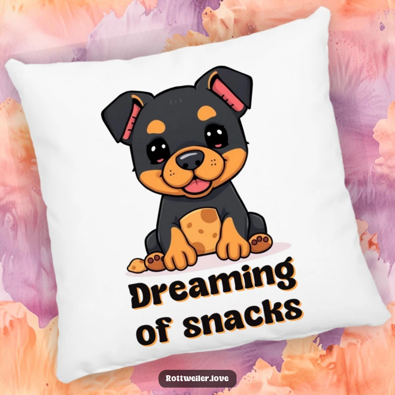 Funny Kawaii Rottweiler pillow with a cute dog offering a treat, perfect for adding soft, hopeful charm.