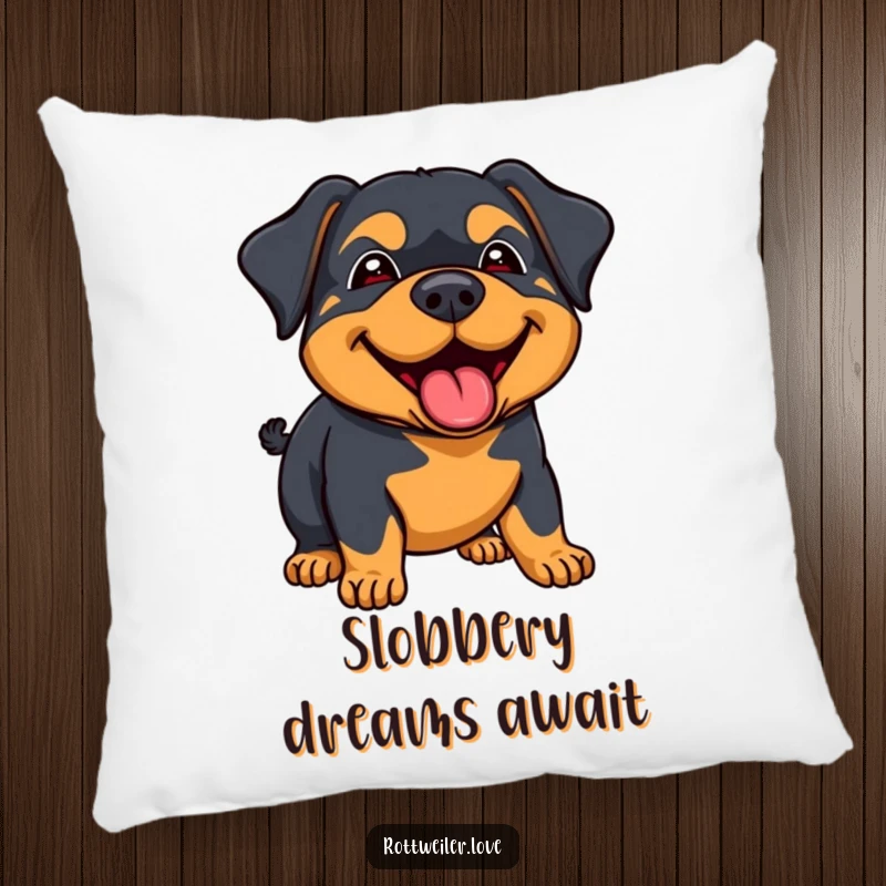 Funny rottweiler pillow depicting a dog giving a big, happy lick with a joyous demeanor, offering soft comfort and warmth.