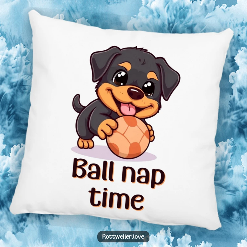 Funny Rottweiler pillow showcasing a dog with happy eyes playfully nudging a rolling ball, offering sweet comfort and a charming decorative touch.