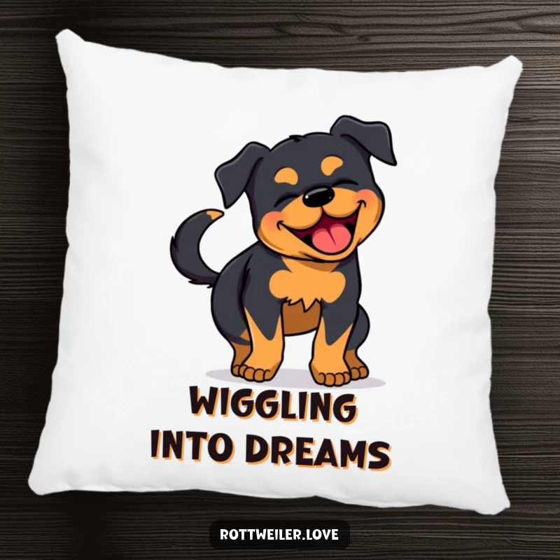 Funny Rottweiler Pillow: A plush pillow showing a Rottweiler wiggling its body with immense happiness and a fast-wagging tail.
