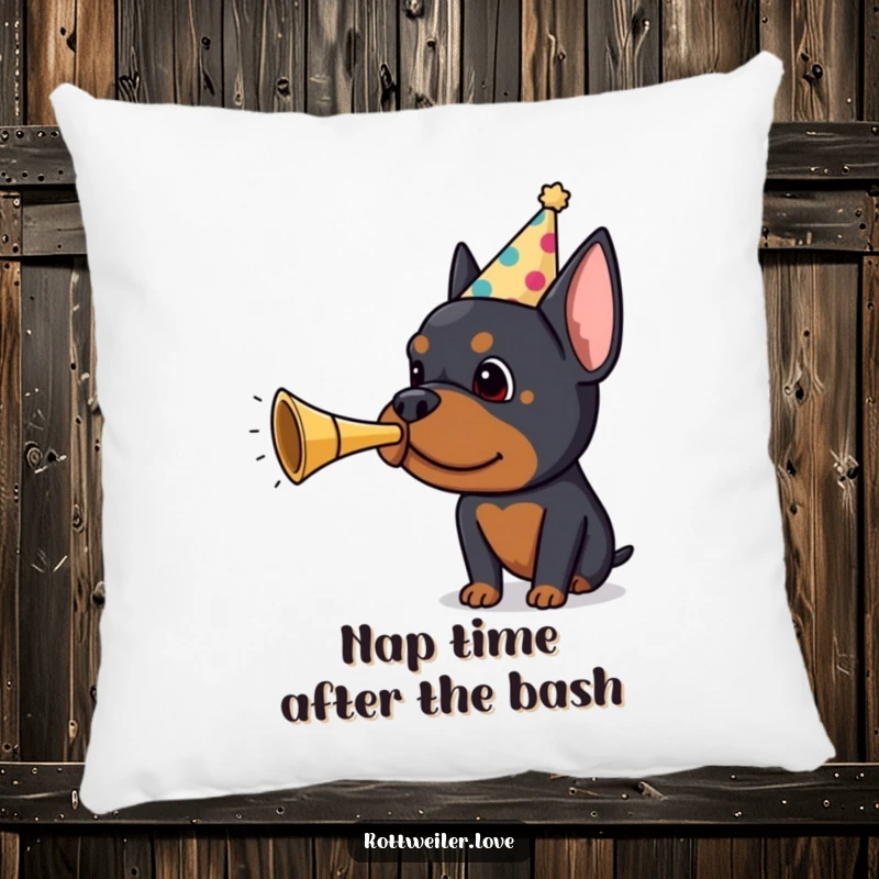 Funny Rottweiler pillow featuring a playful dog in a party hat blowing a tiny horn, offering comfort and a hilarious accent to any room.