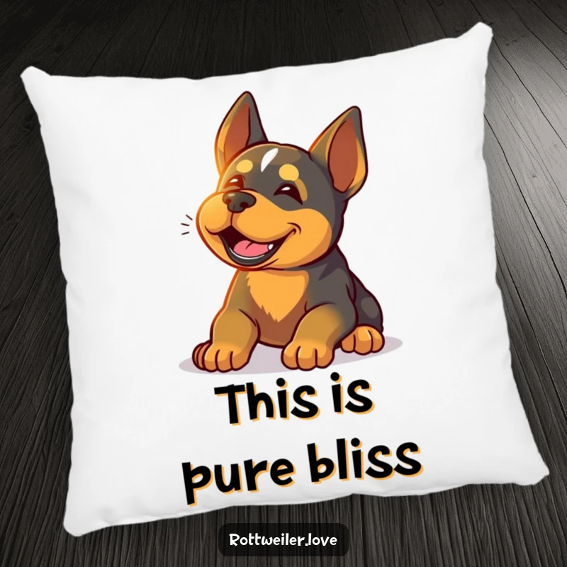Funny Rottweiler pillow featuring a happy dog sighing contentedly while basking in warm sunlight, perfect for adding comfort and serene humor.