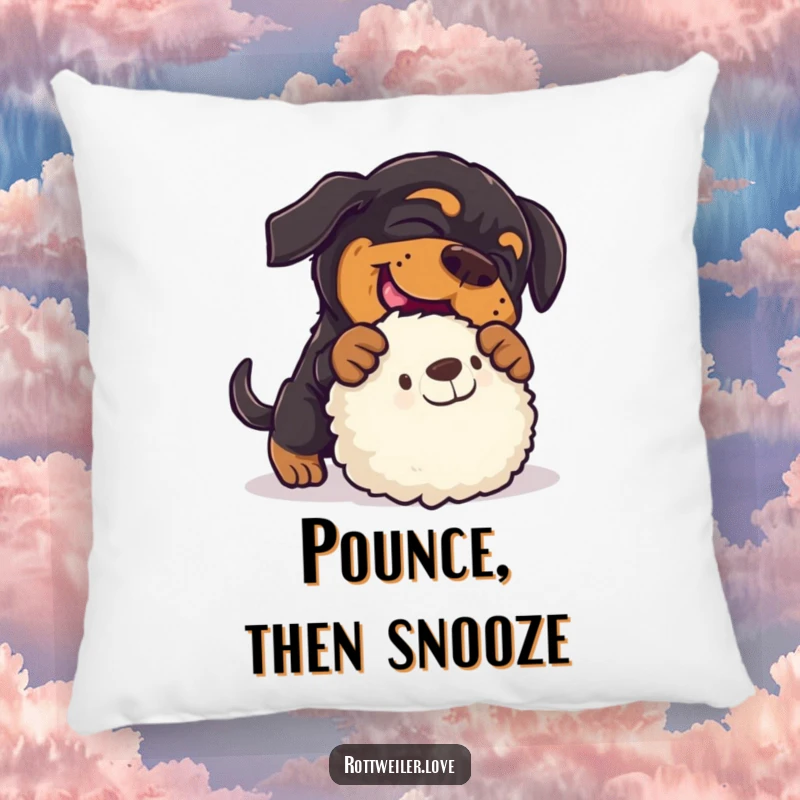 Funny rottweiler pillow depicting a dog excitedly pouncing on a soft toy, offering comfort and a humorous visual.
