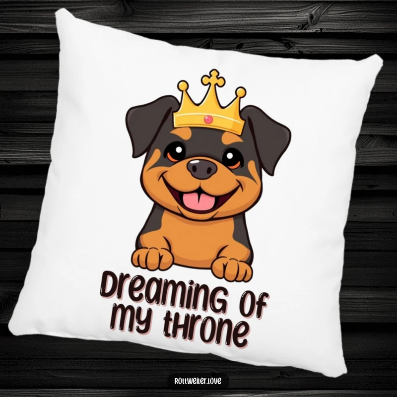 Funny pillow featuring a Rottweiler wearing a tiny crown and smiling broadly, offering cozy comfort and royal humor.