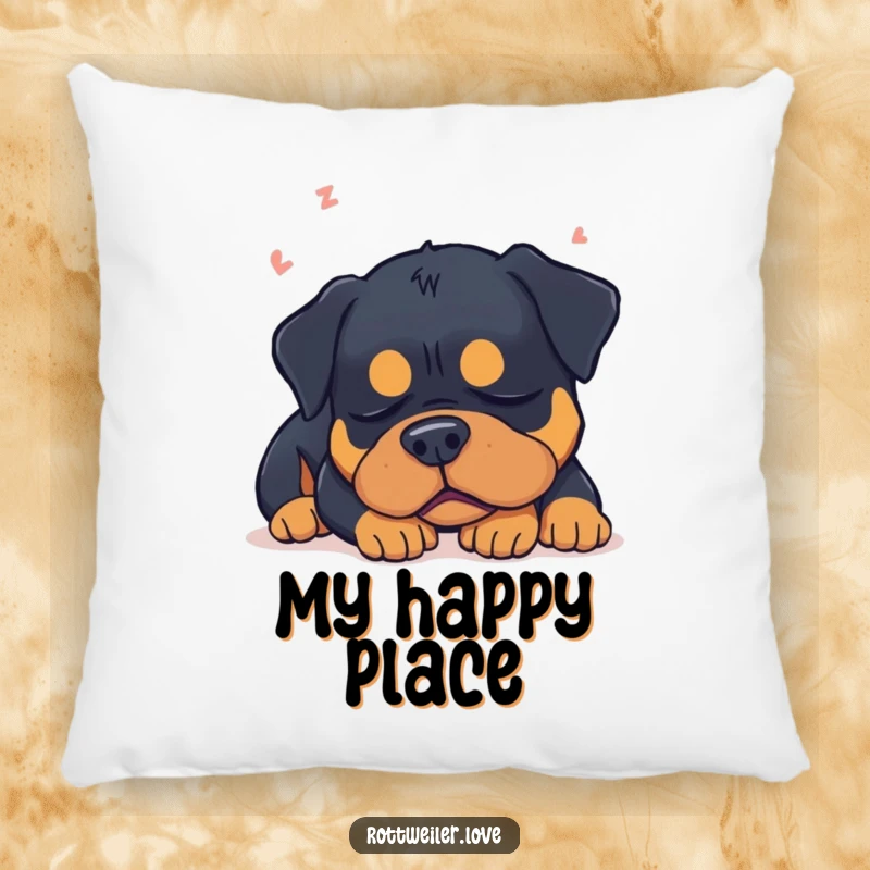 Funny sleepy Rottweiler dog dreaming, exuding peaceful slumber humor on a plush pillow.