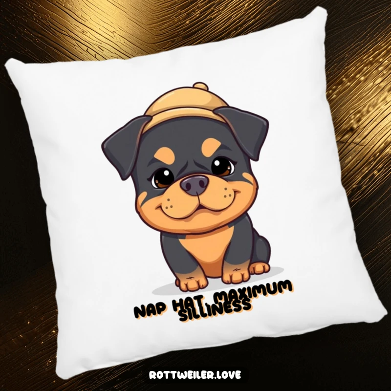 Funny kawaii rottweiler pillow with a silly, comical expression and a tiny hat, offering a soft and humorous decorative touch.