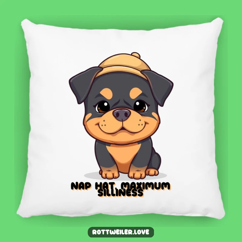 Funny Kawaii Rottweiler Pillow: Silly Dog Cushion, Tiny Hat Comfort!