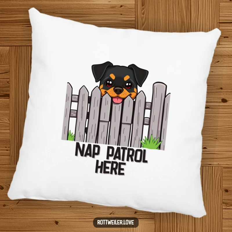Funny Rottweiler Pillow: A Rottweiler with a cheeky grin peeks from behind a fence, offering comfort.