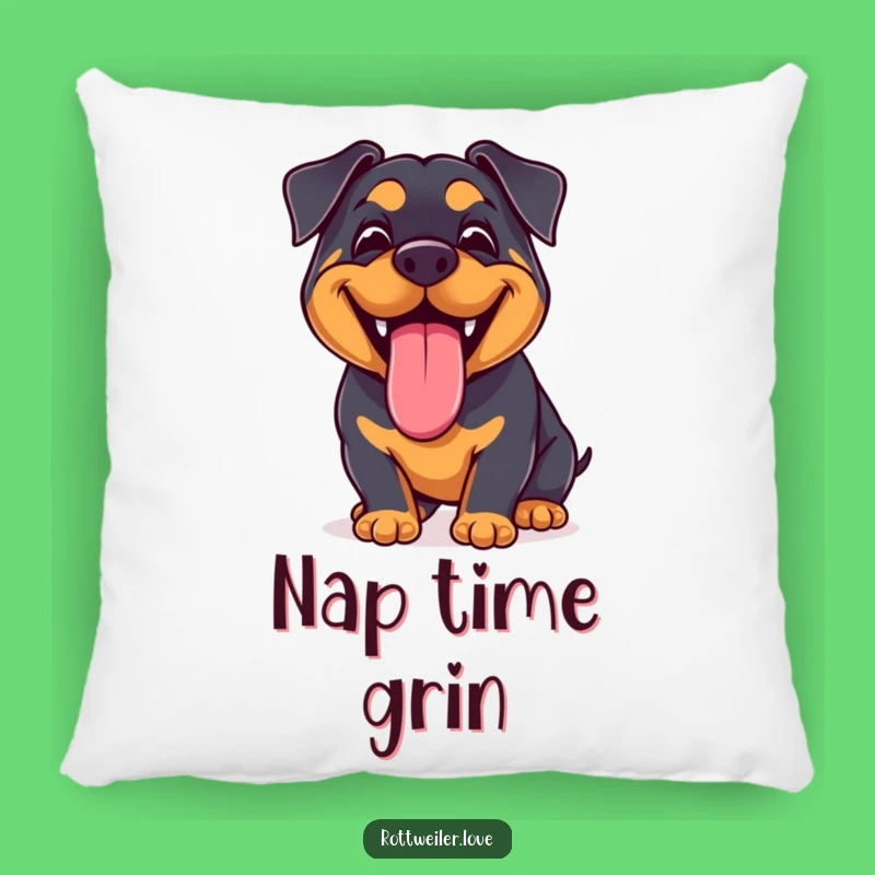 Funny Kawaii Rottweiler Grin Pillow: Cuddle Up with This Joyful Pup!