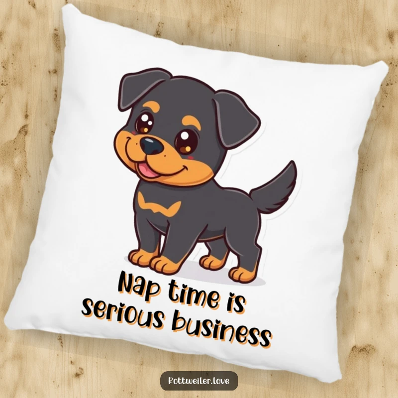 Funny Rottweiler Pillow featuring a dog with bright eyes and a wagging tail, adding cozy humor to any seating area.