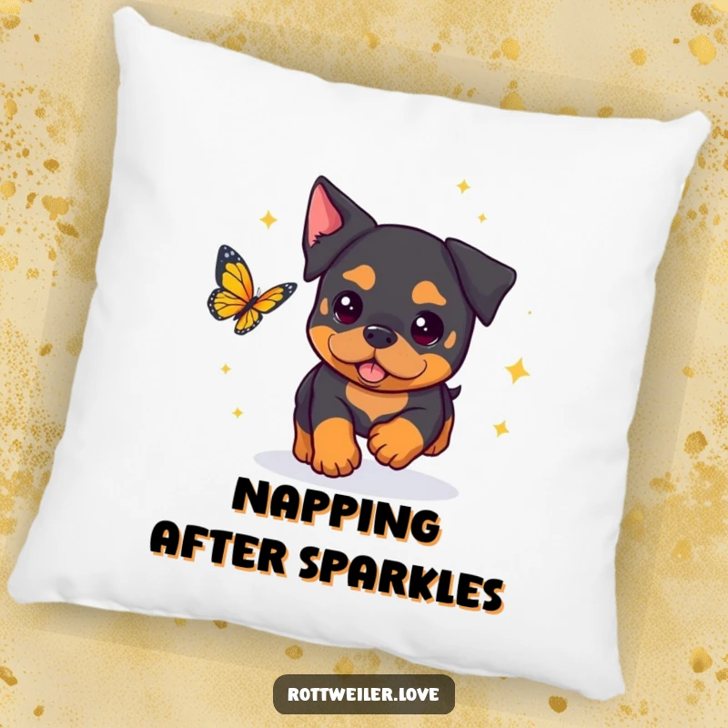 Funny Kawaii Rottweiler Pillow showcasing a cute rottweiler shimmering with sparkles, joyfully chasing a butterfly.
