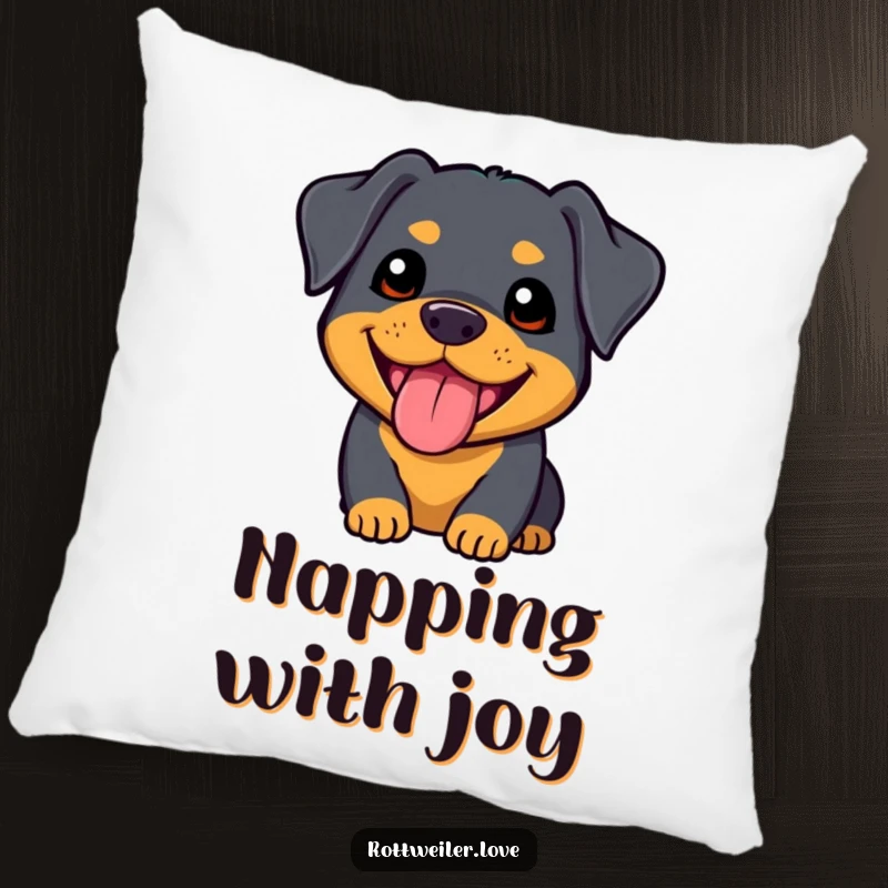 Funny kawaii rottweiler pillow with a super cute dog’s happy panting face, offering plush comfort and adorable dog-themed decor.