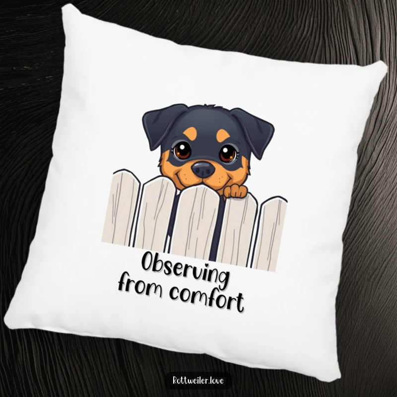 Funny Rottweiler pillow featuring a dog peeking over a fence with curious, happy eyes, perfect for cozy humor.