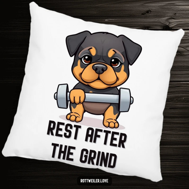 Funny pillow featuring a Rottweiler with a determined expression lifting a dumbbell, offering comfort and humorous fitness motivation.