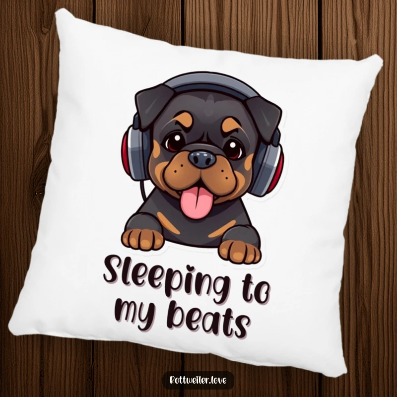 Funny pillow featuring a Rottweiler wearing oversized headphones and bopping its head, offering cozy comfort and humorous musical vibes.