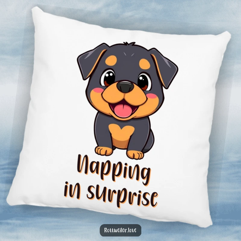 Funny Kawaii Rottweiler pillow displaying a dog’s comically surprised yet gleeful expression, adding comfort and humor to any space.