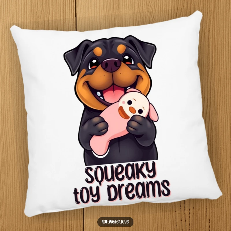 Funny Rottweiler pillow showcasing a dog with a massive smile holding a floppy squeaky toy, offering comfort and a playful decorative touch.